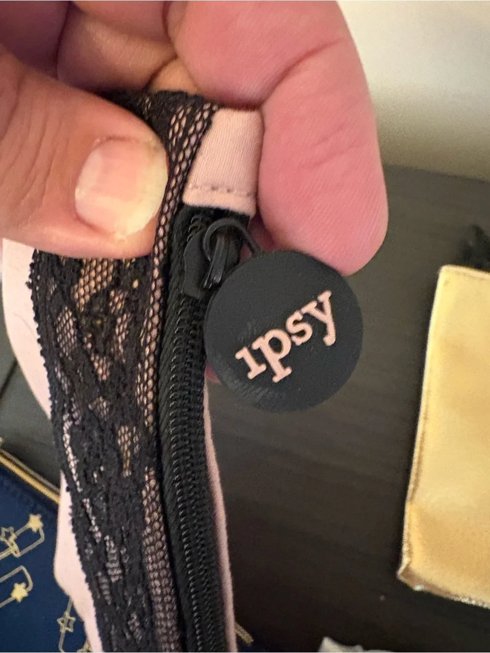 ipsy Pink & Black Lace Cosmetic Pouch - Gold, Navy & Silver Assortment